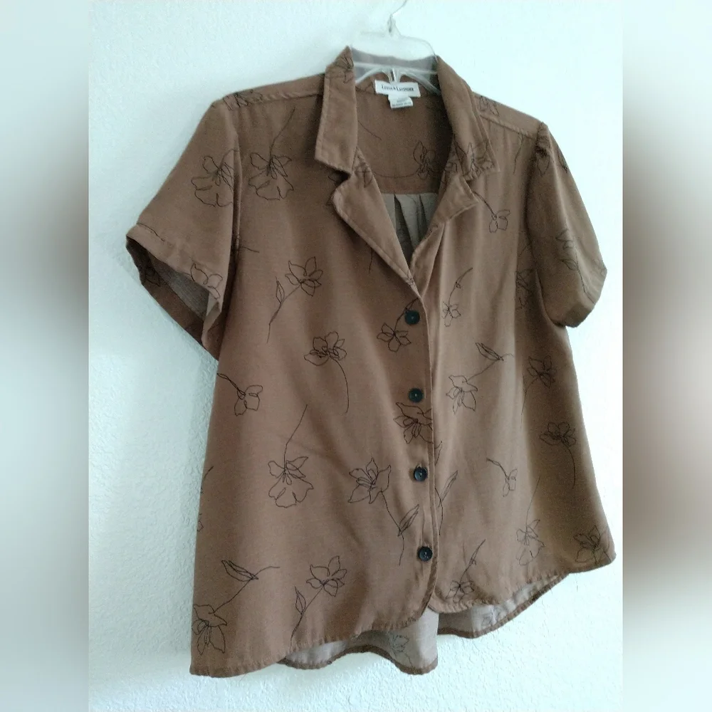 Lotus & Lavender Blouse Shirt Brown Black Floral Flowers Print Short Sleeve L - Picture 3 of 6